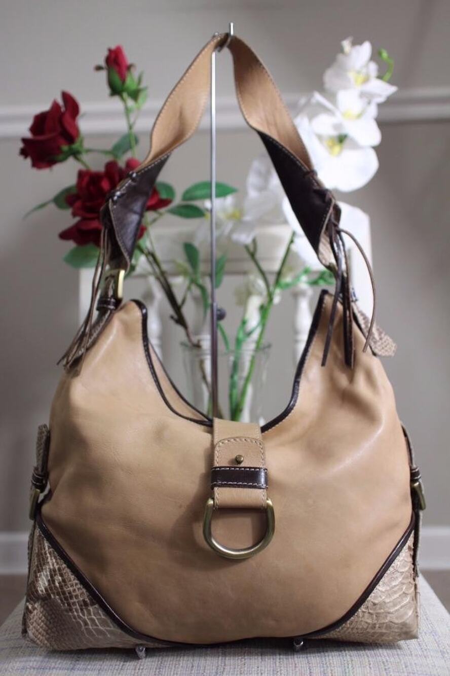MARCO BUGGIANI Tan Leather Python Straps Fringed Hobo Bag (pu3000